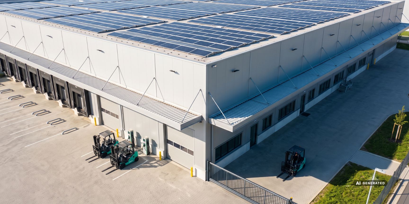 Moderne Logistikimmobilie mit Photovoltaik-Anlage auf dem Dach und LED- Außenbeleuchtung, Symbol für effiziente OPEX-Kosten und energetische Sanierung.